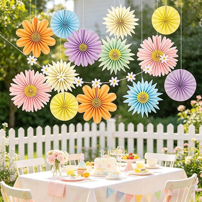 Paper Jazz 12pcs Pastel Paper Flower Decorations - Daisy Paper Fan Backdrop for Birthday Party, Baby Shower, Wedding, Spring & Summer Events,Spring Hanging Flower for Classroom Garden