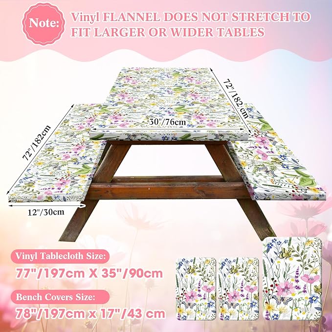 Boao 3 Pcs Vinyl Picnic Table Cover with Bench Cover 6 ft 30 x 72 Inch Waterproof Fitted Tablecloth Flannel Backing Rectangular Elastic Edged for Camping Outdoor Patio Travel(Wildflower)