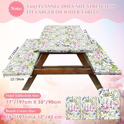 Boao 3 Pcs Vinyl Picnic Table Cover with Bench Cover 6 ft 30 x 72 Inch Waterproof Fitted Tablecloth Flannel Backing Rectangular Elastic Edged for Camping Outdoor Patio Travel(Wildflower)