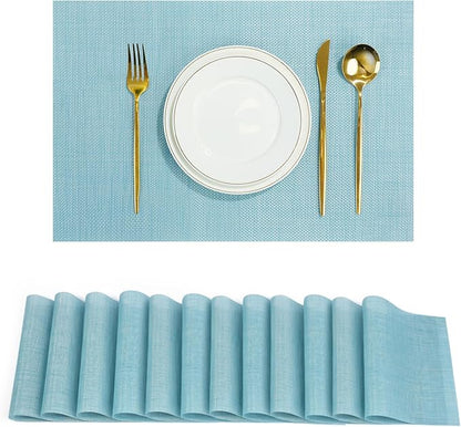 Placemats Set of 12，Non-Slip PVC Weave Table Mats Easy to Clean，Heat Resistant Place Mats for Kitchen Dining Table Decoration Indoor Outdoor，Blue