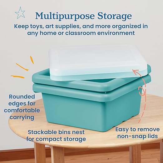 ECR4Kids Stackable Square Bins with Non-Snap Lids, Multipurpose Organization, Seafoam, 2-Pack