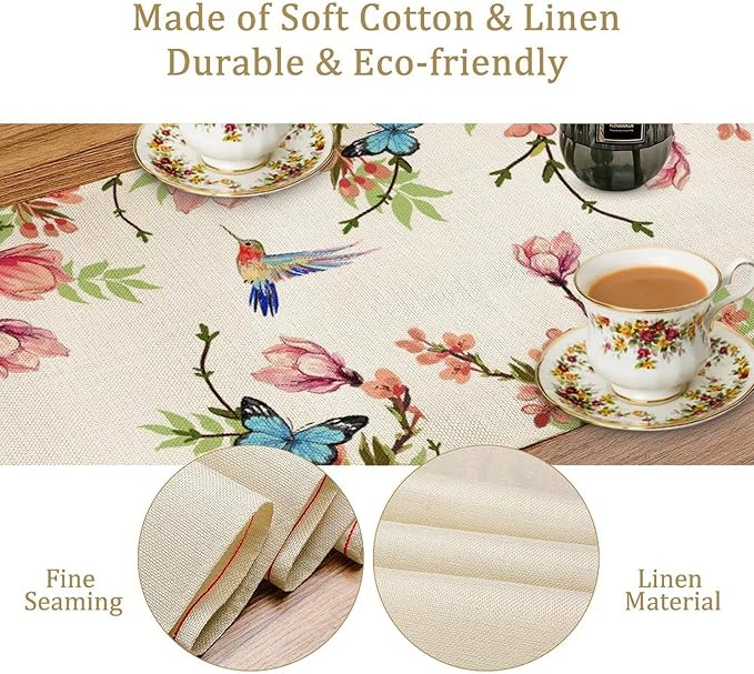 Spring Flower Table Runner, Seasonal Rustic Garden Flowers Bird Butterfly Print Table Runner for Home Kitchen Table Decor, 13x36inch