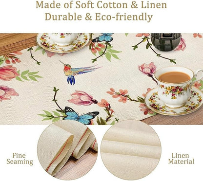 Spring Flower Table Runner, Seasonal Rustic Garden Flowers Bird Butterfly Print Table Runner for Home Kitchen Table Decor, 13x36inch