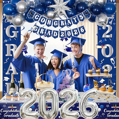Graduation Decorations Class of 2026, Navy Blue and Silver Graduation Decorations, 2026 Graduation Party Decorations with Congrats GRAD 2026 Banner Tablecover Balloons for College High School Nursing