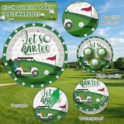 96 Pcs Golf Party Decorations Tableware Set Let's Partee Time Disposable Dessert Plates Napkins Forks for Table Supplies Favors for Birthday Party Serve 24 Guests
