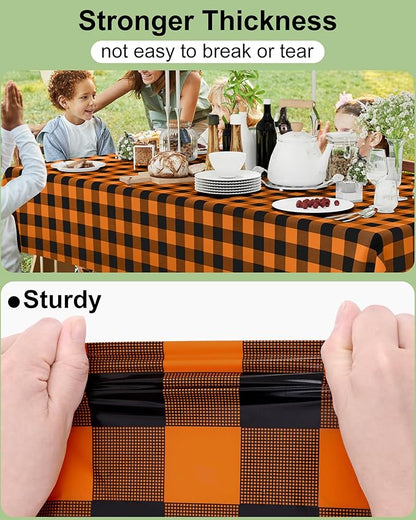 Smiry 8 Packs Gingham Disposable Table Cloth, 54 x 108 Inch Waterproof Plastic Tablecloth, Rectangle Black and Orange Checkered Table Covers for Picnic, Birthday, Party