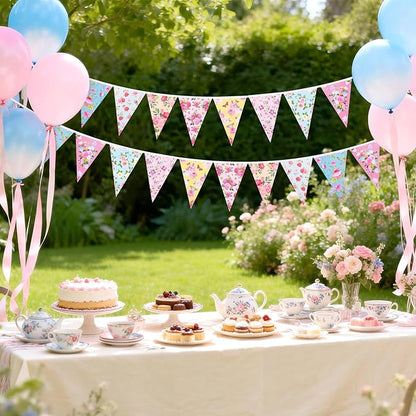 jijAcraft 4 Pack Tea Floral Party Bunting Banners - Pre-Strung Vintage Floral Triangle Pennant Banner, Wildflower Garland Tea Party Decorations for Spring Party Baby Shower Bridal Shower Mother's Day