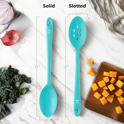 DI ORO Silicone Cooking Spoons - Large Mixing, Serving & Stirring - 600F Heat-Resistant Non-Stick - Big Solid & Slotted Basting Spoons