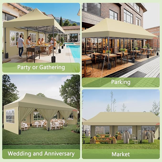 10x30 Heavy Duty Pop Up Canopy with 8 Sidewalls, 550D Commercial Easy Up Canopy Tent, Waterproof Outdoor Party Event Tent with Roller Bag, Khaki