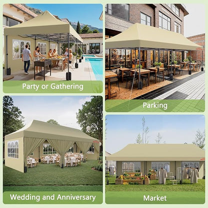 10x30 Heavy Duty Pop Up Canopy with 8 Sidewalls, 550D Commercial Easy Up Canopy Tent, Waterproof Outdoor Party Event Tent with Roller Bag, Khaki