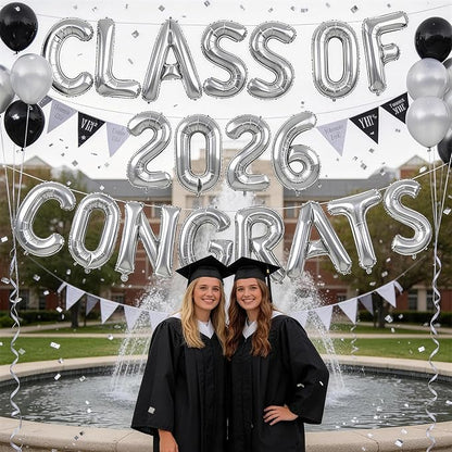 Silver Class of 2026 Congrats Balloons, 2026 Graduation Decorations 16inch Congrats Grad Foil Balloons Banner Sign for Class of 2026 College High School Graduation Prom Party Backdrop Supplies