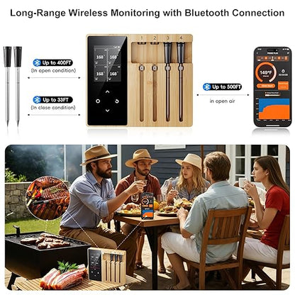 4 Probes Wireless Meat Thermometer, Bluetooth Digital Food Thermometer for BBQ, Grill, Oven, Smoker, Long Range and Rechargeable Base with Real-time Alerts, Cooking Gifts for Men