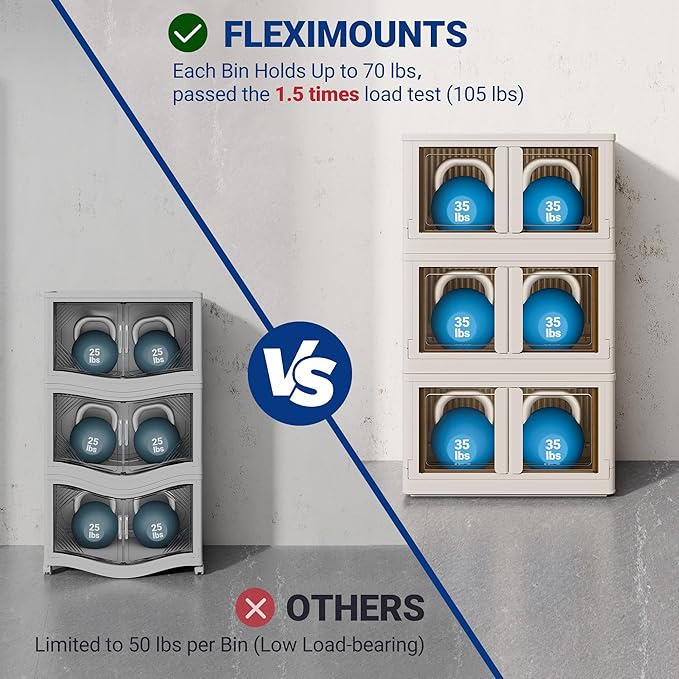 FLEXIMOUNTS 304 QT Stackable Storage Bins With Lids, Collapsible Plastic Storage Bins, Closet Organizers and Containers with Doors For Home and Built-in Wheels, 4 Pack Cubes, Milky White