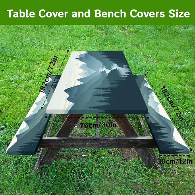 Mountain Landscape Picnic Table Cover with Bench Covers and Carrying Bag, Green Nature Forest Woodland Outdoor Camping Essentials 6FT 4PCS Fitted Rectangle RV Must Haves Tablecloth