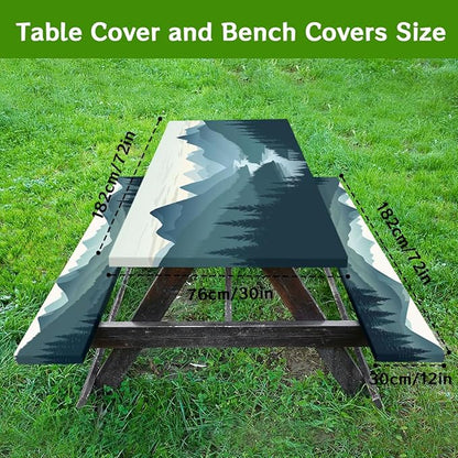 Mountain Landscape Picnic Table Cover with Bench Covers and Carrying Bag, Green Nature Forest Woodland Outdoor Camping Essentials 6FT 4PCS Fitted Rectangle RV Must Haves Tablecloth