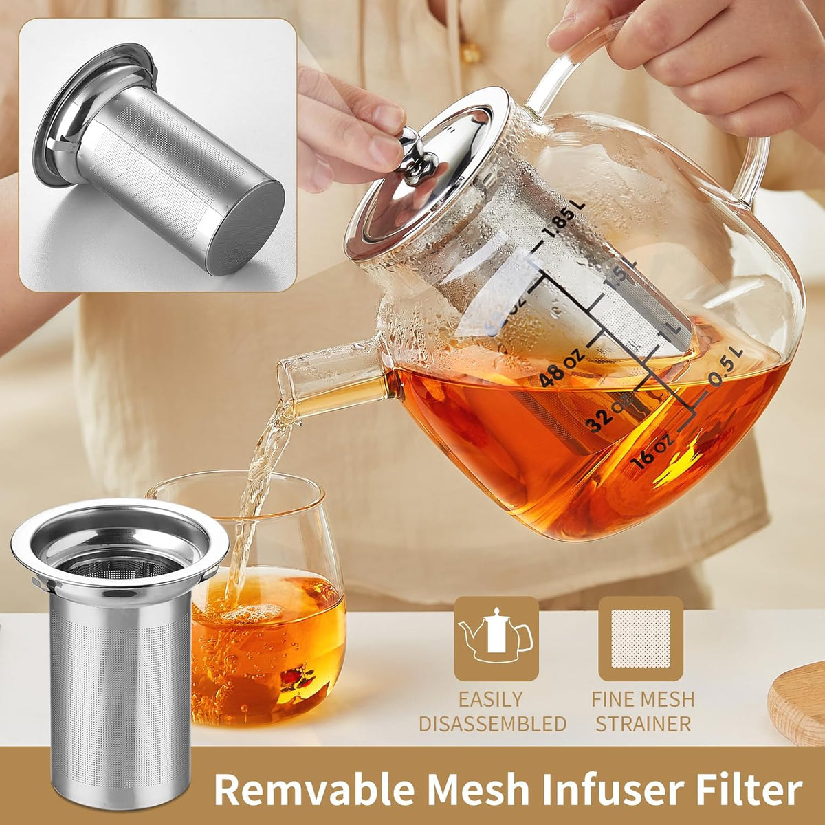 68OZ Glass Teapot Tea Pot With Infuser, Glass Kettle For Stove Top, Tea Glass Pot, 2000ML Glass Tea Cup With Infuser And Lid For Loose Leaf Tea Steeper, Dishwasher Safe