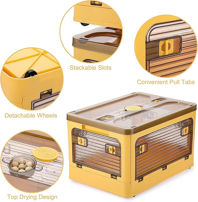 Folding Storage Bins, 28 Liters, 2 Pcs Yellow Plastic Storage Containers with Wheels, Four Doors, Foldable, Stackable, Plastic Box with Lids for Organization, Storage Cart
