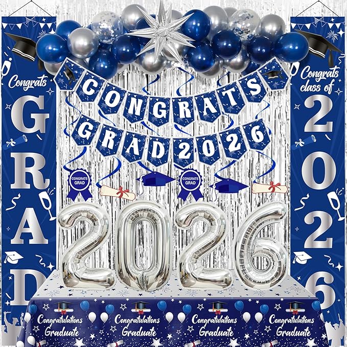 Graduation Decorations Class of 2026, Navy Blue and Silver Graduation Decorations, 2026 Graduation Party Decorations with Congrats GRAD 2026 Banner Tablecover Balloons for College High School Nursing