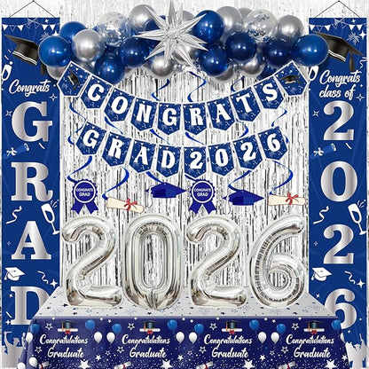 Graduation Decorations Class of 2026, Navy Blue and Silver Graduation Decorations, 2026 Graduation Party Decorations with Congrats GRAD 2026 Banner Tablecover Balloons for College High School Nursing