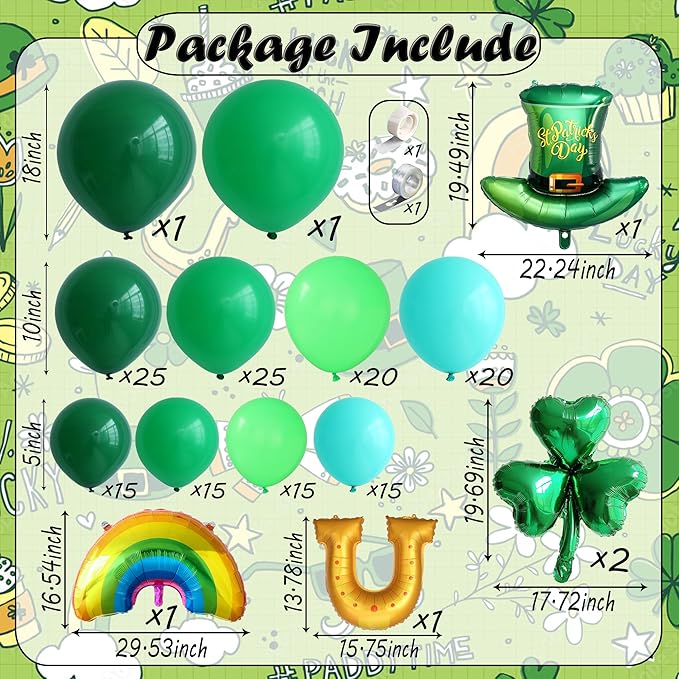 160Pcs St Patricks Day Green Balloons Arch Garland Kit with Lucky Shamrock Clover/Hat/Rainbow/Horseshoe Jumbo foil balloons for Saint Patrick's Day Irish Festival Party Decorations
