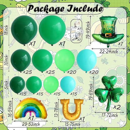 160Pcs St Patricks Day Green Balloons Arch Garland Kit with Lucky Shamrock Clover/Hat/Rainbow/Horseshoe Jumbo foil balloons for Saint Patrick's Day Irish Festival Party Decorations