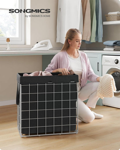 SONGMICS 29 Gal. (110L) Laundry Basket, Laundry Hamper, Collapsible Clothes Hamper, Removable and Washable Liner, Metal Wire Frame, for Bedroom Bathroom, Silver and Classic Black ULCB111B01
