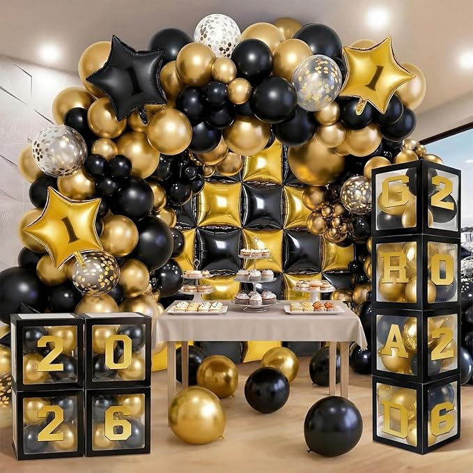 Seenelling Yellow Black 133 Pcs Graduation Decorations 2026 Set Black Gold Balloons Boxes with Letters 2026 Grad Square Foil Balloons Complete Party Supplies for High School College Celebrations