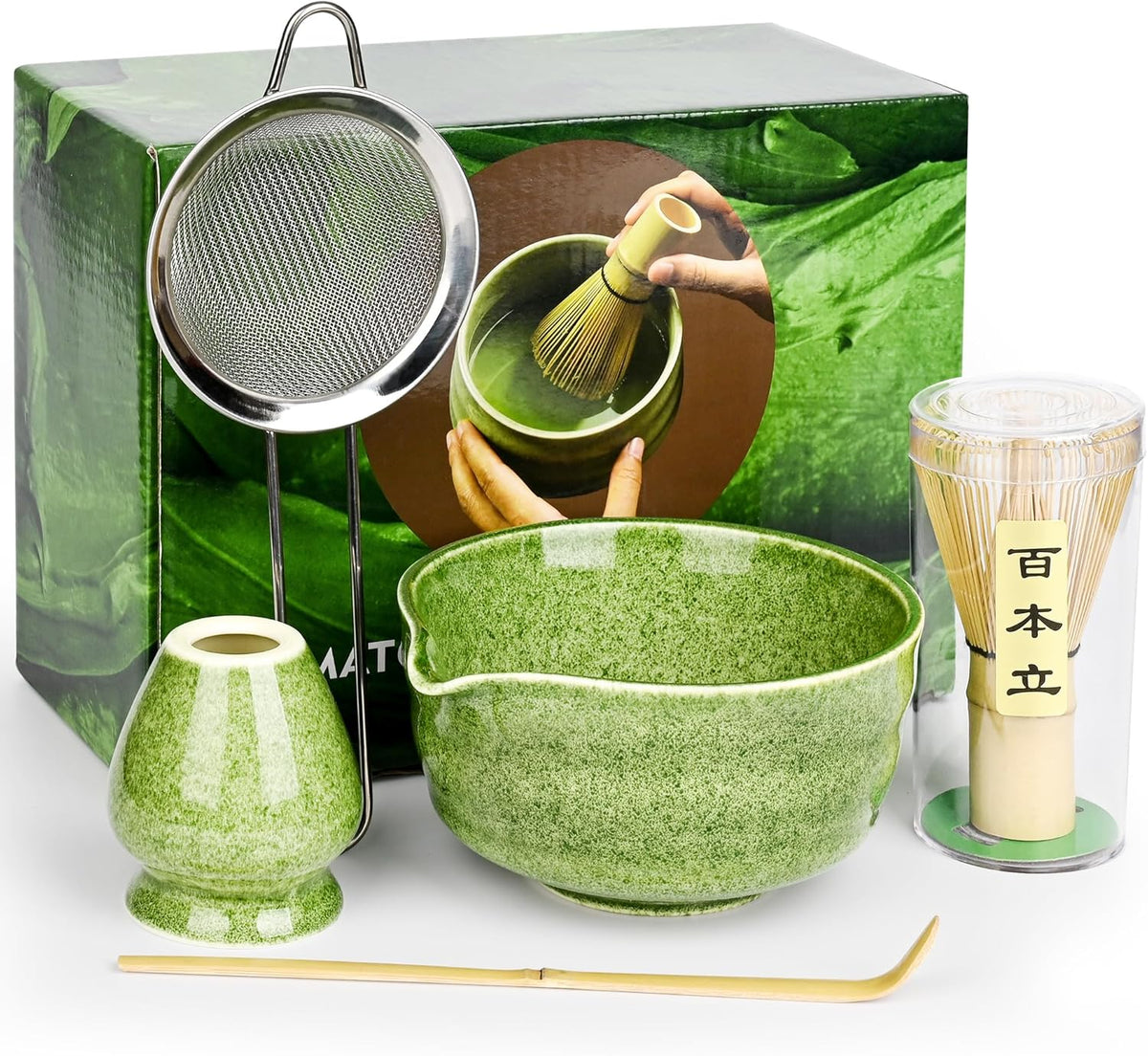Matcha Whisk Set-Japanese Matcha Tea Kit includes Matcha Bowl with Spout,Matcha Whisk,Holder,Scoop,Sifter,Matcha Set for Making Matcha Latte,Tea Ceremony,Gifts for Family for Christmas Birthday