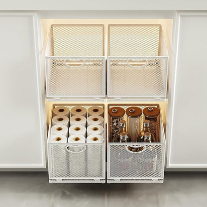 2 Pack Pull Out Cabinet Organizer, No Drill Adhesive Sliding Drawers for Kitchen, Metal Mesh Wire Storage Shelf for Pantry & Under Sink, White (9.6" W x 11.8" D x 8.4" H)