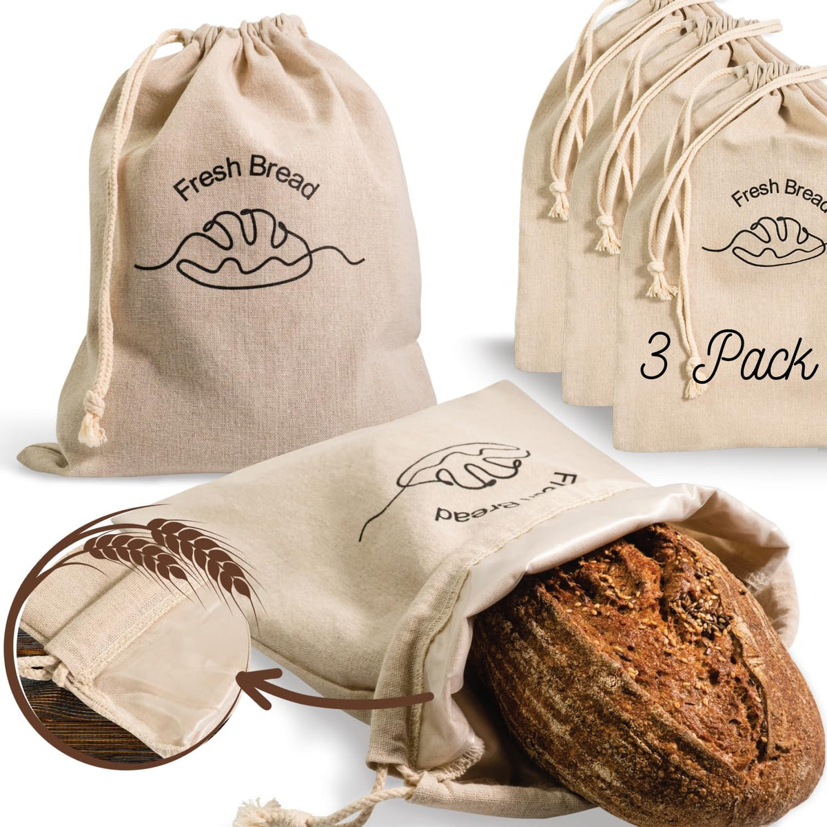 Simply H&K Reusable Linen Bread Bags for Homemade Bread [Pack of 3] - 12" x 15" - with Inner Lining - Sourdough Bags, Baking Gifts, & Baking Supplies for Home Bakers