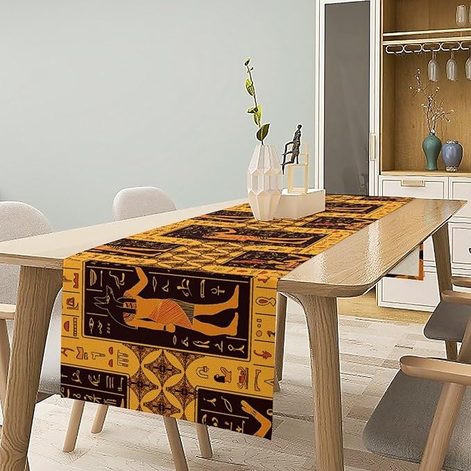 Retro Egypt Table Runner, Vintage Egyptian Gods Ancient Egyptian Hieroglyphs Table Runner for Kitchen Family Dining Holiday Party 13x120in