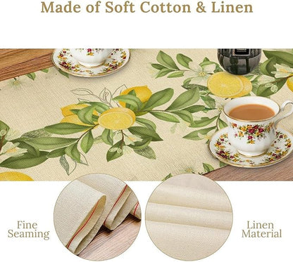 Summer Lemon Table Runner, Spring Blooming Lemon Tree Branches Bouquets Yellow Green Leaves Table Runner for Farmhouse Home Dining Kitchen Table Party Decor, 13x36inch
