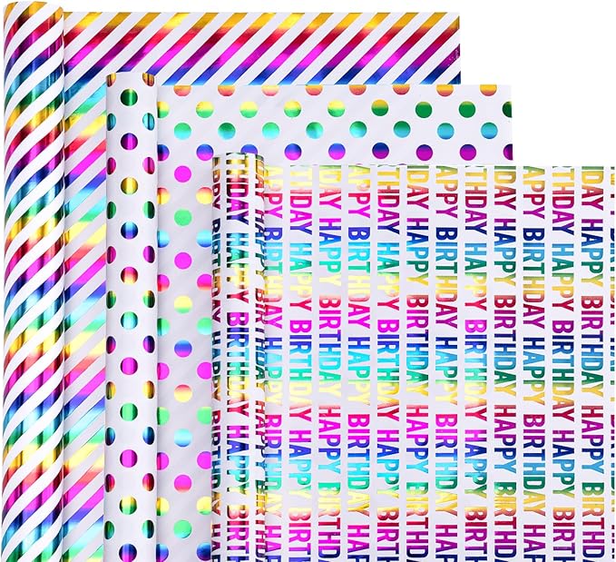 WRAPAHOLIC Birthday Wrapping Paper Roll - Mini Roll - 3 Rolls - 17 inch x 120 inch Per roll - Colorful Foil Birthday Design for Party, Holiday, Baby Shower