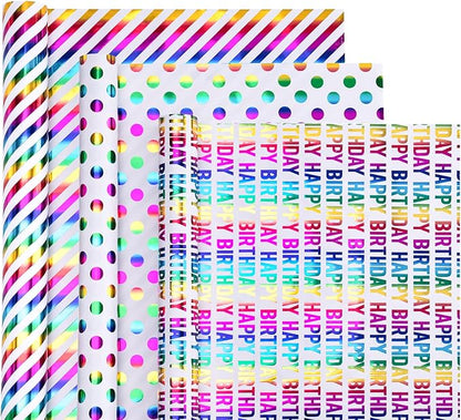 WRAPAHOLIC Birthday Wrapping Paper Roll - Mini Roll - 3 Rolls - 17 inch x 120 inch Per roll - Colorful Foil Birthday Design for Party, Holiday, Baby Shower