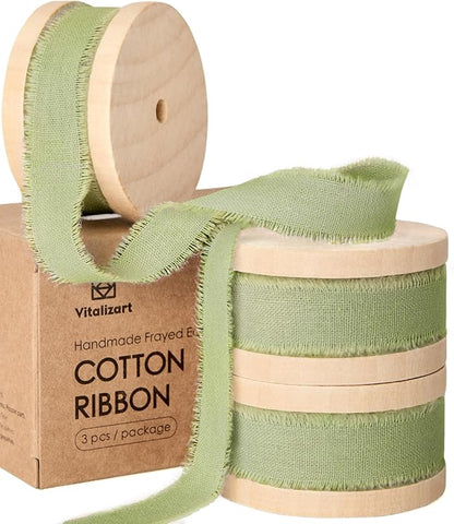 Vitalizart Sage Green Cotton Ribbon Handmade Fringe 5/8" x 21 Yd Pure Natural Cotton Ribbons for Gift Wrapping Wedding Invites Bridal Shower Bouquets Holiday Decor