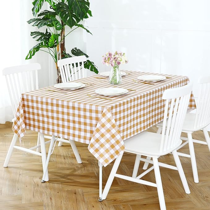 Romanstile Rectangle Vinyl Tablecloth, 100% Waterproof Buffalo Gingham Plastic Table Cloth, Heavy Duty Wipeable Checkered Table Covers for Outdoor, Camping, Picnic, Patio - 60 x 84, Coffee and White