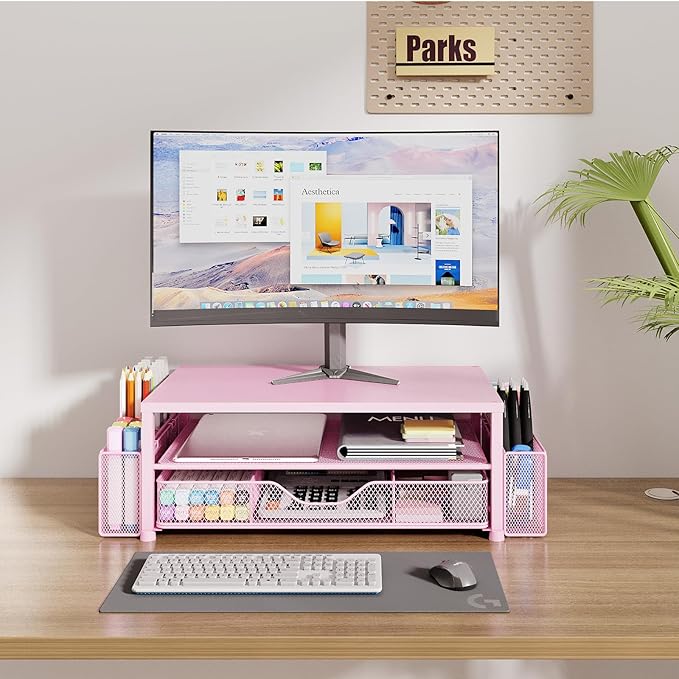 OPNICE Desk Organizers and Accessories, 2-Tier Computer Monitor Stand Riser with Drawer and 2 Pen Holders, Laptop Stand, Office Desk Accessories & Office Decor for Women, Pink
