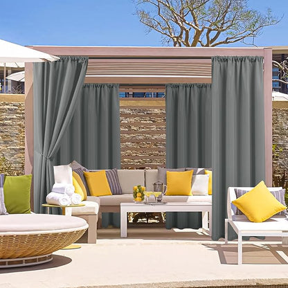 HolidayIdeas Outdoor Patio Curtains Waterproof with Rod Pocket 8 Pcs 54x95 Inch- Protect Privacy & Weatherproof Balcony Outdoor Curtains for Apartments,Porch, Gazebo, Sliding Glass Door, Grey