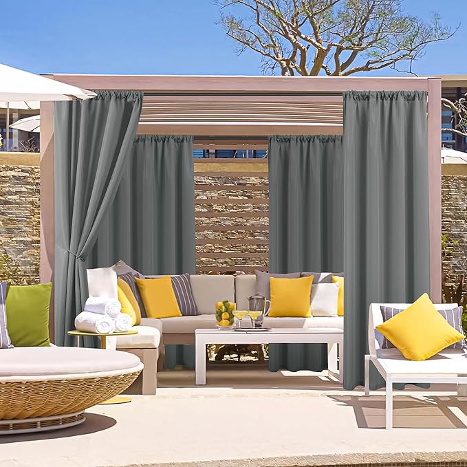 HolidayIdeas Outdoor Patio Curtains Waterproof with Rod Pocket 4 Panels 54x95 Inch- Weatherproof Balcony Outdoor Curtains for Apartments,Porch, Gazebo, Pergola, Sliding Glass Door, Grey
