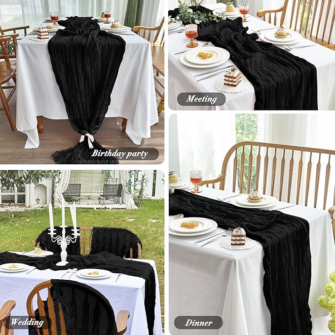 IVAPUPU 6 Pcs Cheesecloth Table Runner - 10ft Black Spring Boho Gauze Black Cheese Cloth Table Runners for Indoor Baby Shower Decorations Wedding Party Garden Decor