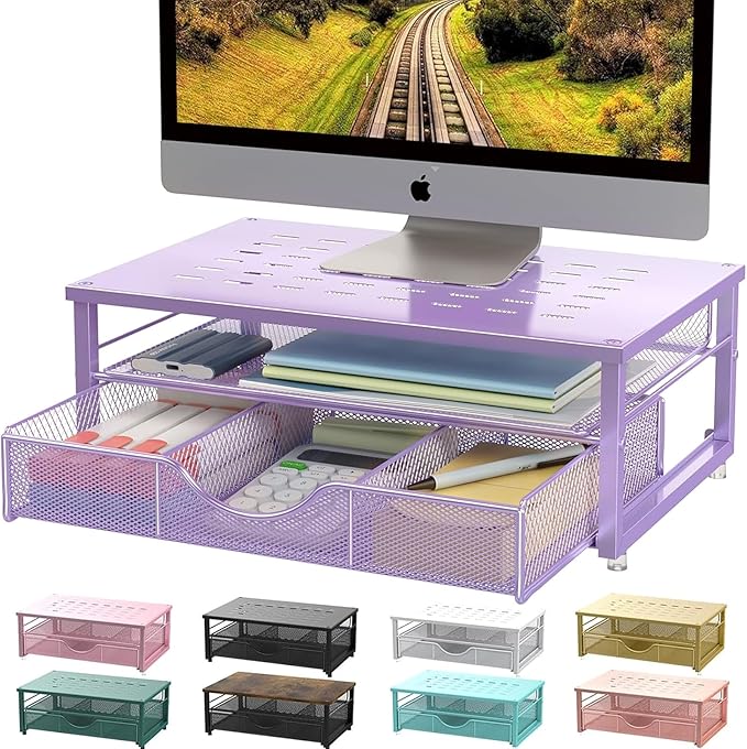 gianotter Computer Monitor Stand Riser, office organizer with Drawer, Office Organizers Storage for Classroom Office Supplies (Purple)