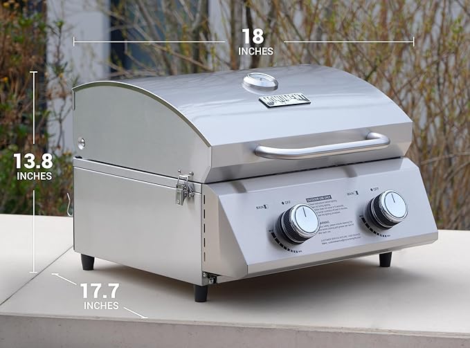 Monument Grills Tabletop Propane Gas Grill for Outdoor Portable Camping Cooking with Travel Locks, Stainless Steel High Lid, and Built in Thermometer