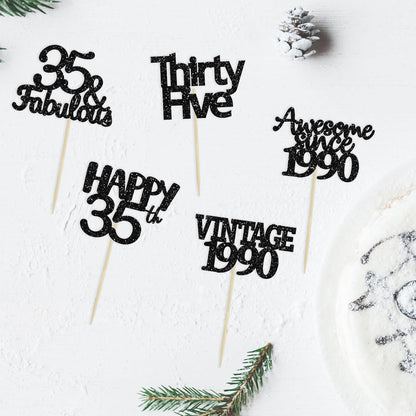 Gyufise 30 Pack Vintage 1989 Cupcake Toppers Black Glitter Thirty Five Happy 35 Cake Decorations Cheers to 35 Years Birthday Cupcake Picks 35th