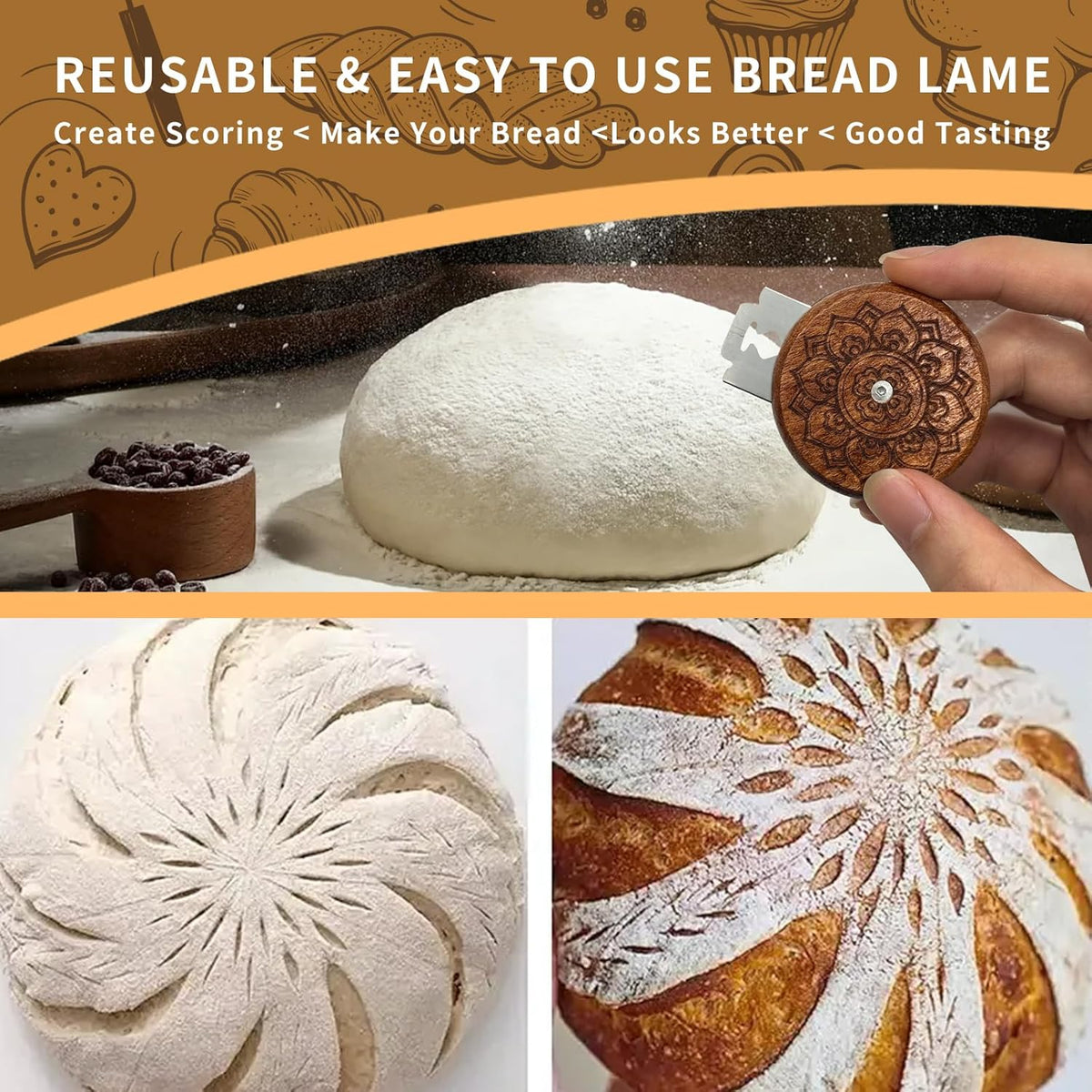 Bread Lame Sourdough Scoring Tool,Wooden Lame Bread Scoring Tool with 5 Razor Blades and Leather Storage Cover