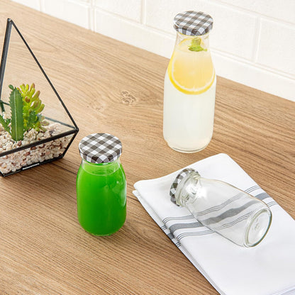 Restaurantware-French Countryside 6 Ounce Glass Bottles, 10 Durable Juice Bottles - With Black Plaid Lid, Dishwashable