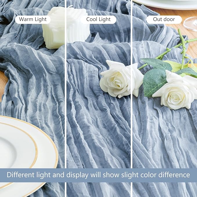 Asee'm Cheesecloth Table Runner 120 Inches Dusty Blue Boho Gauze Cheese Cloth Runner 10FT Rustic Sheer Dining Table Runners for Fall Thanksgiving Wedding Baby Shower Decoration