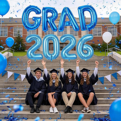 Blue Grad 2026 Balloons, 2026 Graduation Decorations Set Congrats Grad Foil Balloons Banner Sign for Class of 2026 Graduation Decorations College High School Prom Party Backdrop Supplies
