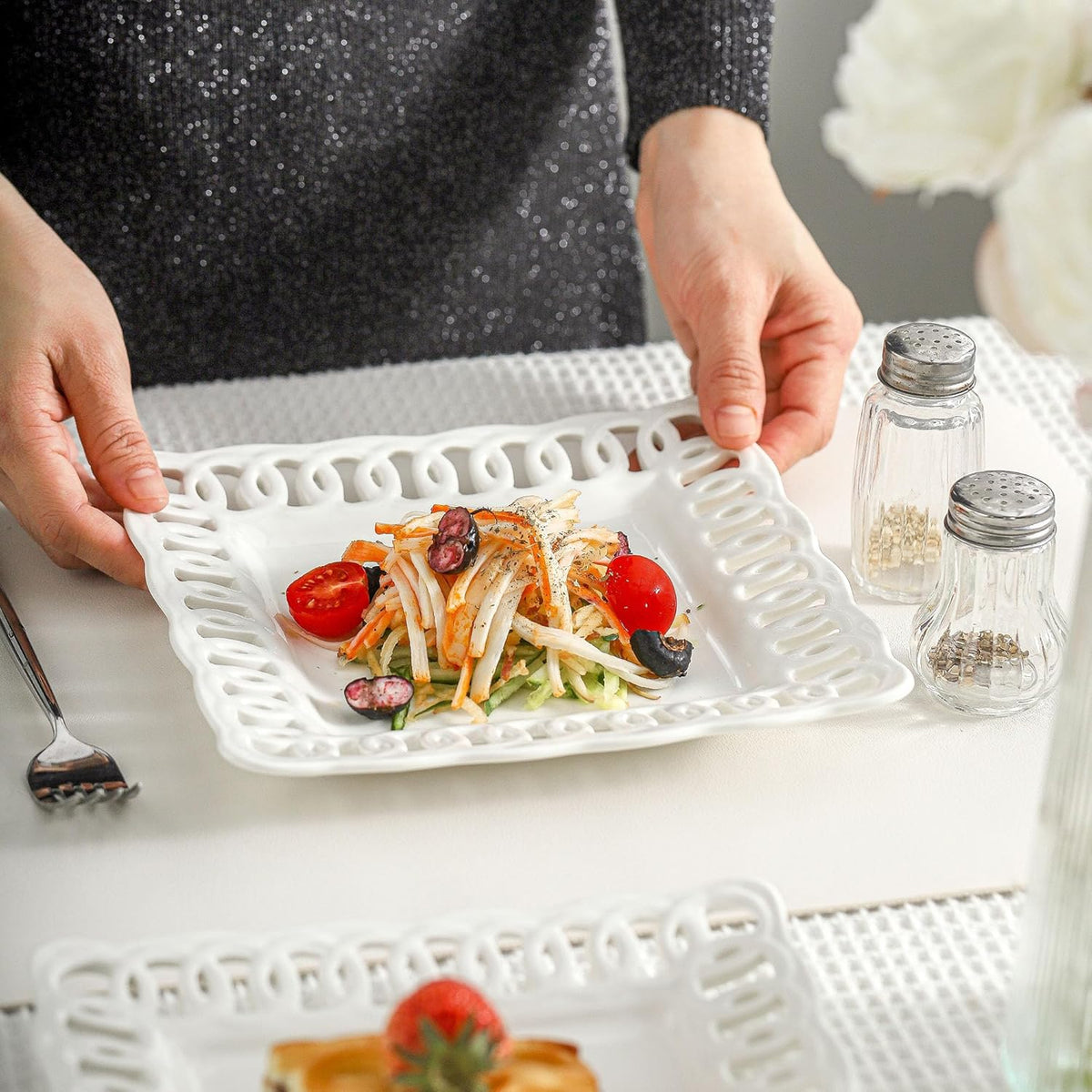 Square Appetizer Plate, Set of 4, 8 inch Ceramic White Dinner Plates with Lace Rim