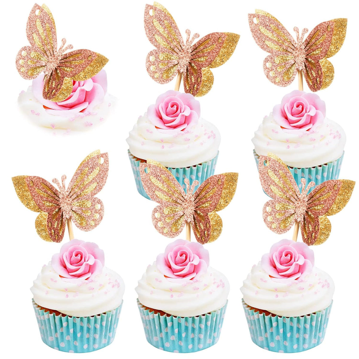 Chinco 48 Pcs Butterfly Cupcake Toppers Assembled Double Layer Cupcake Topper 3D Glitter Cake Topper Butterfly Cocktail Pick Decoration for Baby Shower Birthday Wedding(Gold,Retro Style)