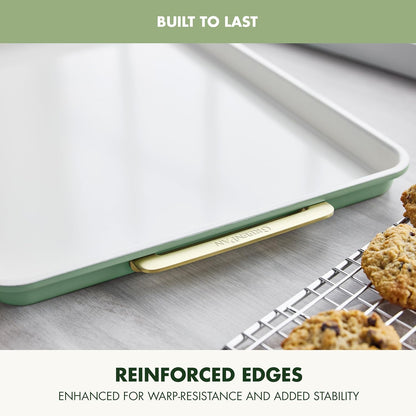 GreenPan Bakeware 13" x 9" Quarter Sheet Pan, Ceramic Nonstick Baking Pan, PFAS & BPA Free, Gold Handles, Durable Steel, Versatile & Space Saving Ovenware, Freezer to Oven Dish, Sage Green